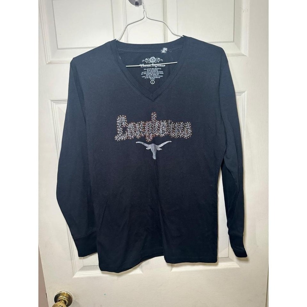 Vintage Black Texas Longhorns rhinestone V-neck shirt. Size large by Three squar - Picture 3 of 6